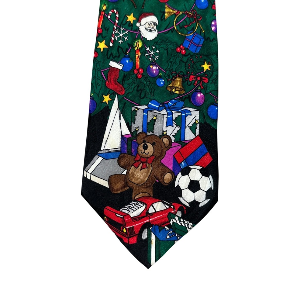 Addiction Mens Silk Christmas Tie Holiday Toys Santa Teddy Bear Car Green Black